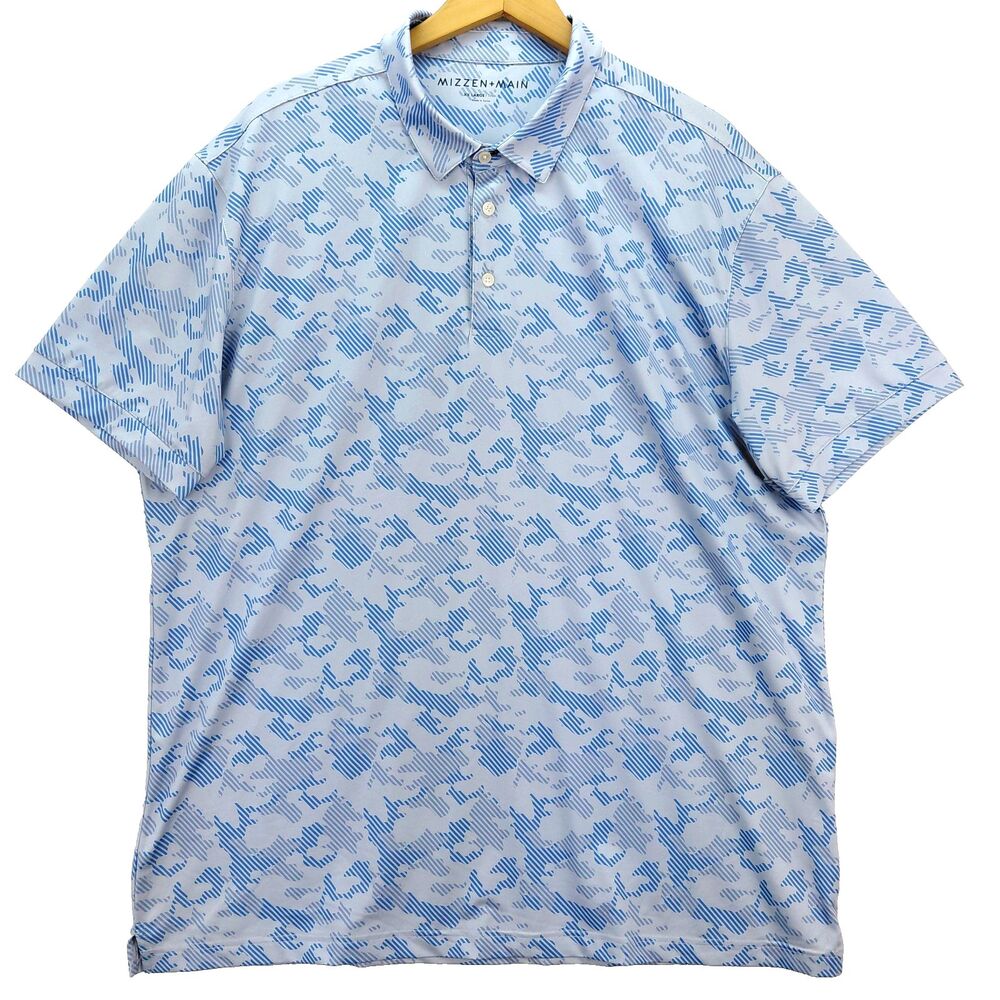 Mizzen Main Versa Performance Golf Polo Shirt Mens XXL Blue Camo Geometric AOP